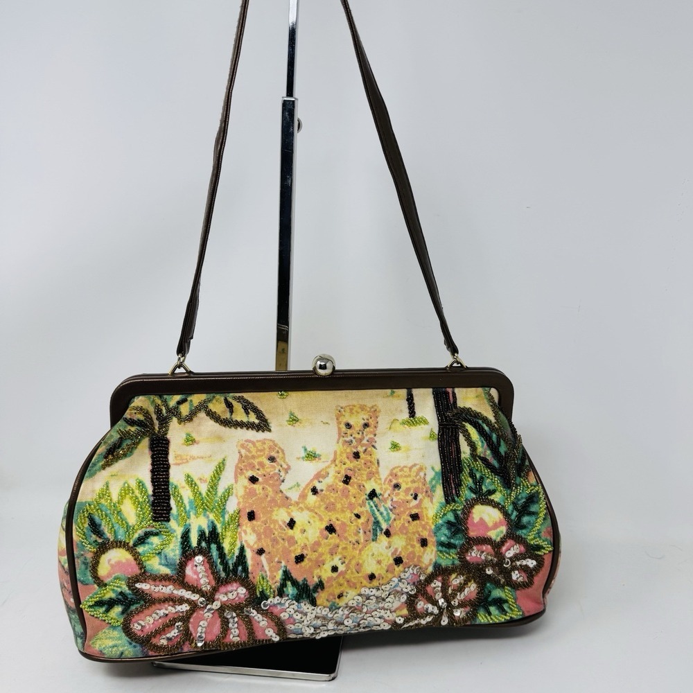 Vintage Prezzo Boho Multicolor‎ Beaded Bling Fabric Shoulder Handbag Brown Beige